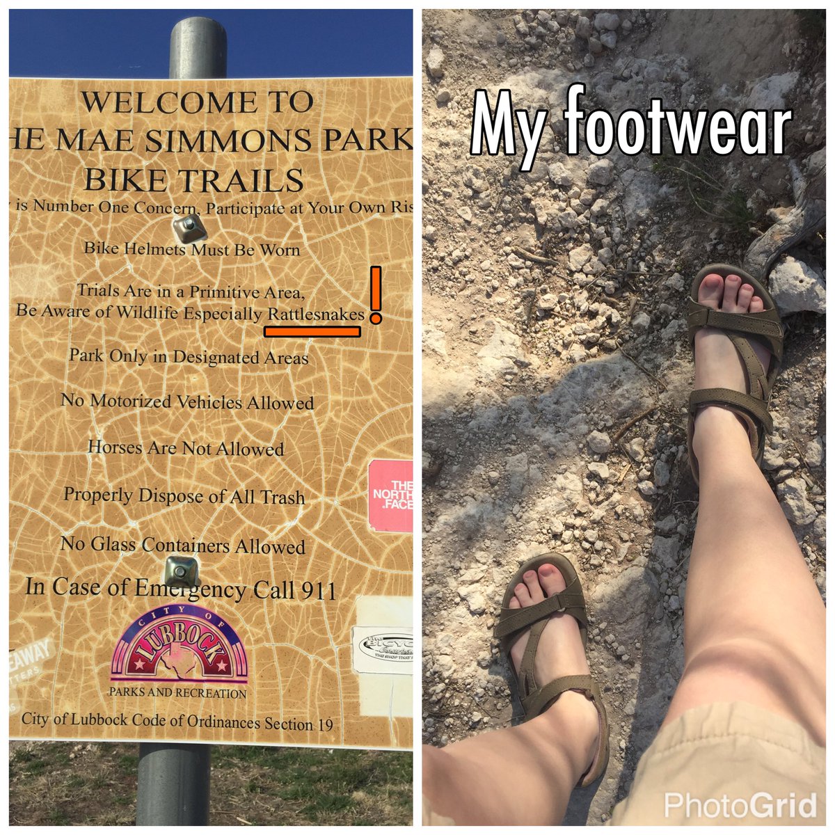 AllieKSZero's tweet photo. The sign says beware of rattlesnakes. But I enjoy my adventures with intrepidity. This footwear seems as good as any #Texas #intrepidity https://t.co/I7DUlXvaXD