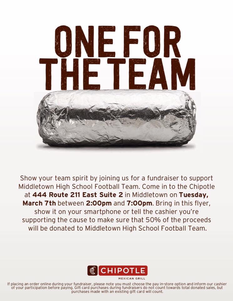 Tuesday is our 1st fundraiser of the year. Please show ur support by going to Chipolte between 2-7 the program gets 50%  of the proceeds 🌮🤗🌯