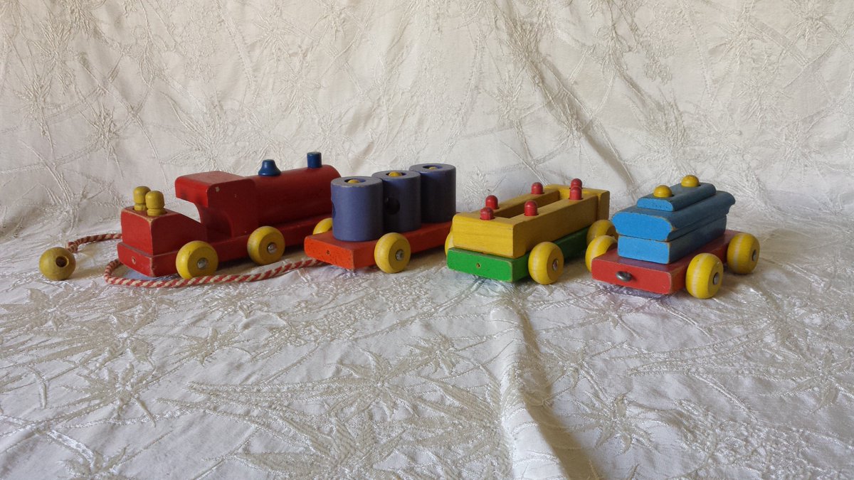goo.gl/Lkvuw8 Vintage Wood Toys ca: 1950's Pull Toy Playskool Train w Cars #vintagetoy #woodentoy #vintageplayskool #woodplayskool