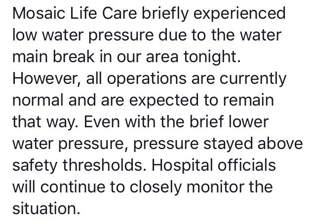 MLC_News's tweet photo. Statement: all hospital operations are currently normal after a water main break in the St. Joseph area. https://t.co/vbTkzFhEKQ