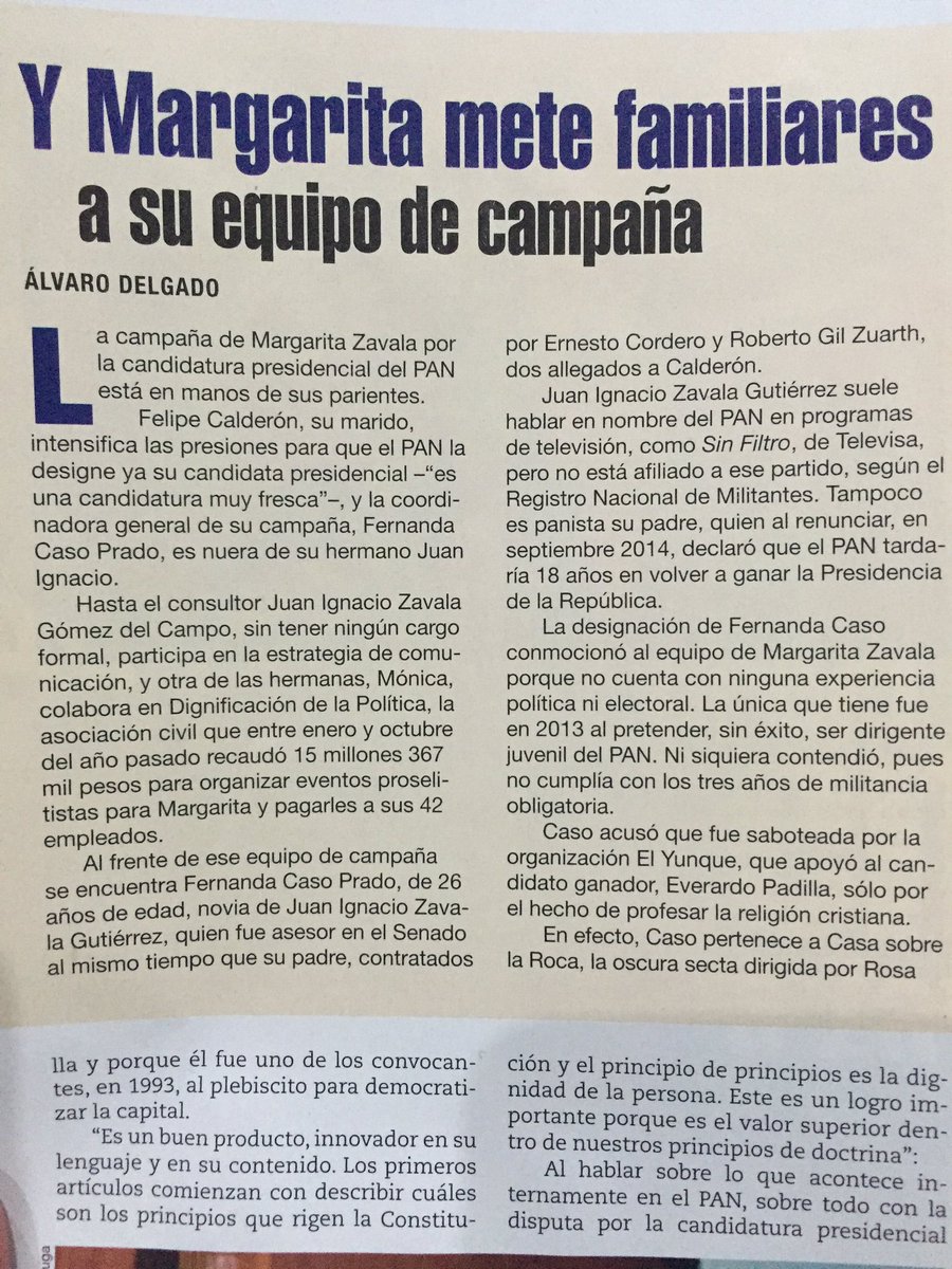 alvaro_delgado's tweet photo. Junto con la entrevista con Creel, impulsor de Anaya, publico en @revistaproceso cómo el equipo de campaña de Margarita es un club familiar https://t.co/8Xo5yuAorY