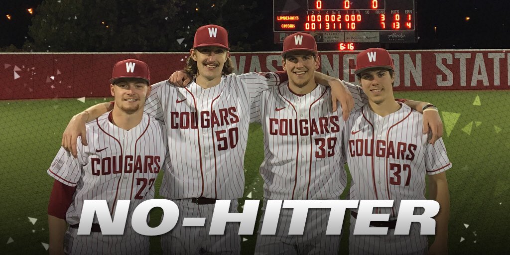 wsucougarbsb's tweet photo. #23 Scotty Sunitsch, #50 Cody Anderson, #39 Joe Rosenstein and #37 Isaac Mullins combined for the 1st no-hitter since 1985! #GoCougs https://t.co/in3eGlUfzn