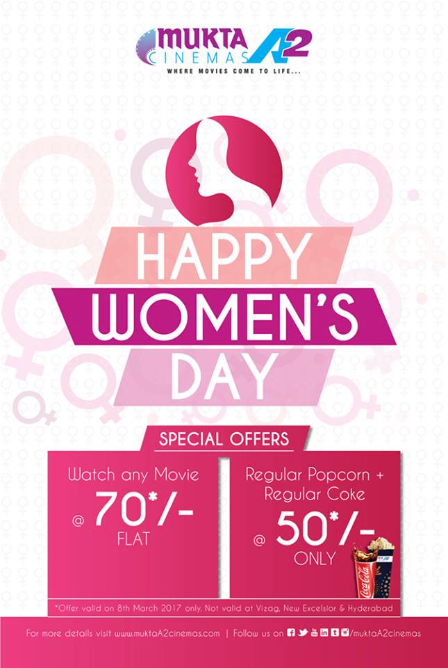 MuktaA2Cinemas's tweet photo. #MuktaA2Cinemas #WomenDaySpecial #8thMarch
Watch any #Movie at flat #Rs70/- and enjoy a #RegularPopcorn & #RegularCoke at #Rs50/- only! https://t.co/plQSOUEoKv
