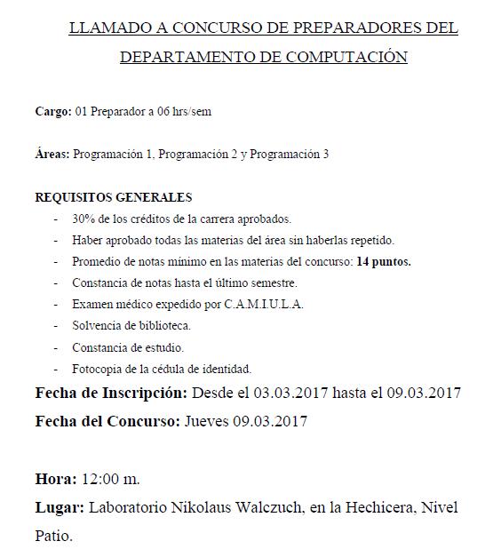 eisula's tweet image. Concurso de Preparadores. Departamento de Computación.