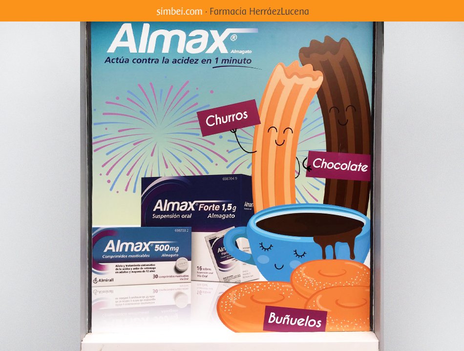 SomosSimbei's tweet photo. ¡Nuevo escaparate diseñado para la #farmacia HerraezLucena! Churros, buñuelos, chocolate.. 🔥 Estas #Fallas acaba con la acidez con @AlmaxES https://t.co/DflRU8GLHi