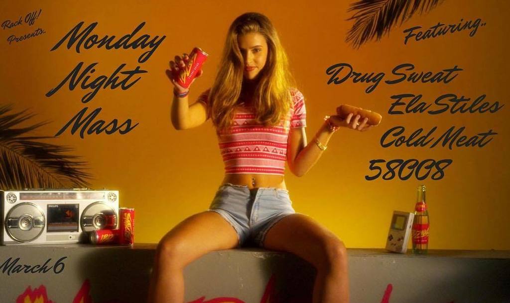 MondayNightMass's tweet photo. March 6: DRUG SWEAT // ELA STILES // COLD MEAT // 58008 #rackoff #mondaynightmass #free https://t.co/Lhi5LM8tYr https://t.co/zaWRJIaASJ