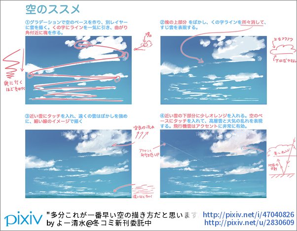 Pixivision 青い空の微妙なグラデーションや雲の複雑な形は結構難しいっぴね 空や雲の描き方を丁寧に解説したイラストをご紹介するっぴ 空 雲の描き方メイキング ブラシやデジタルツールを使って T Co Qiejohenb0 T Co Juvffonjdo