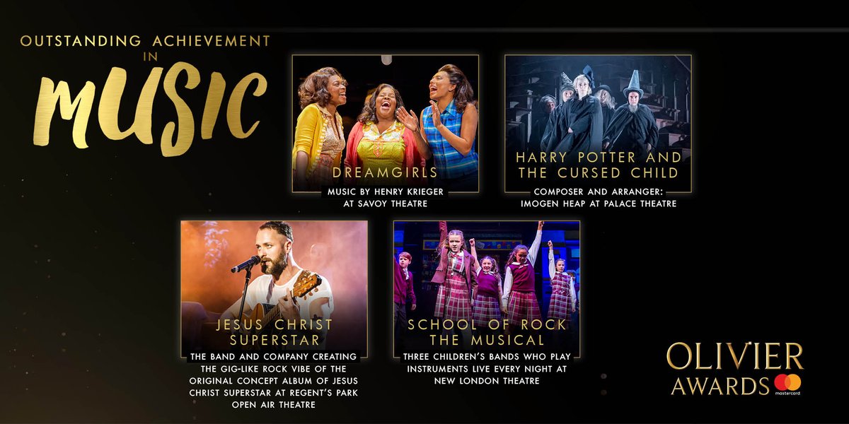 OlivierAwards's tweet photo. Outstanding Ach. In Music nominees: @DreamgirlsLDN, @HPPlayLDN, Jesus Christ Superstar &amp; @SchoolOfRockUK #OlivierAwards https://t.co/Bw3RGhZbVk