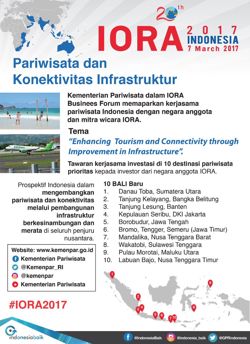 bumn_idn's tweet image. Tahukah kamu? Pada #IORA2017 pemerintah tawarkan kerjasama investasi di 10 destinasi wisata prioritas kpd investor dari negara anggota IORA