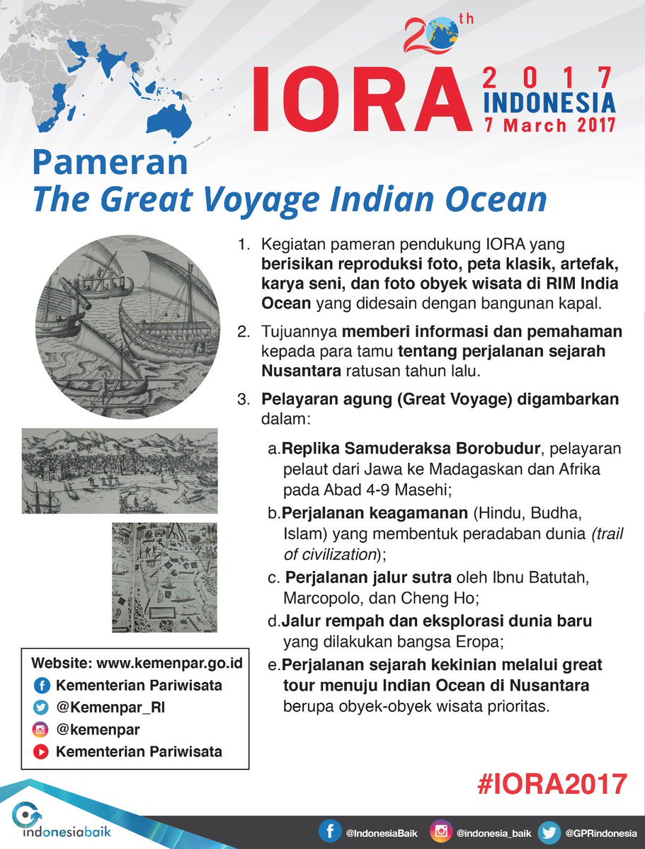 bumn_idn's tweet image. Pada #IORA2017 Indonesia berpartisipasi dlm pameran The Great Voyage Indian Ocean utk memberi informasi tntg perjalanan &amp;amp; sejarah Nusantara.