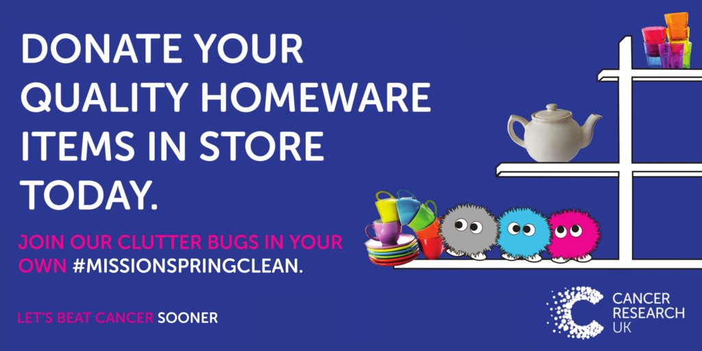 CRUKShops's tweet photo. Don't get swamped by things you don't use any more. Join #MissionSpringClean and donate your quality homeware in store today. https://t.co/BnHCX9j8Bs