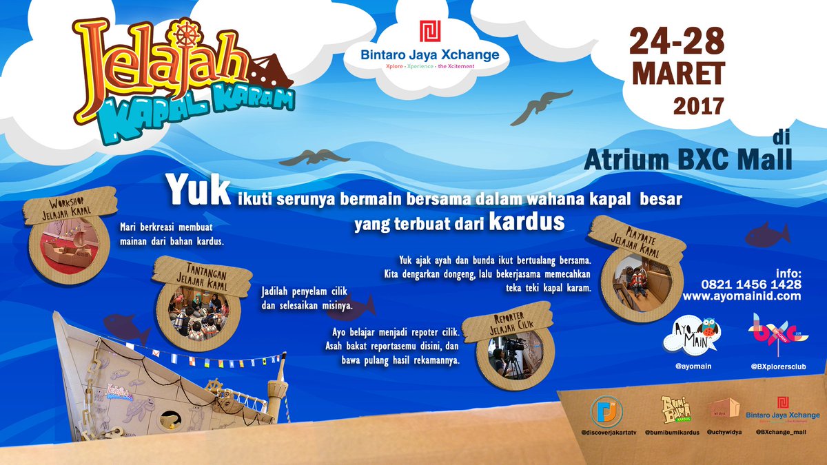 Ayah Bunda ! Yuk ajak buah hati anda menjelajahi wahana kapal karam. Tanggal 24 - 28 Maret 2017 di Atrium BXc Mall. Info: 0821 1456 1428