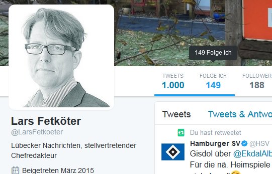 LarsFetkoeter's tweet photo. Ooops! Bin im Club der 1000er🐦 Habe ich im Eifer des @HSV-Gefechts glatt übersehen. @Twitter #thousandtweets https://t.co/dXnmnDZCCY
