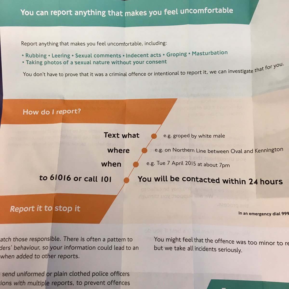 Dombelina's tweet image. I was handed this by policemen at London Bridge this morning - how to report sexual harassment on the tube. Thought it was worth sharing...