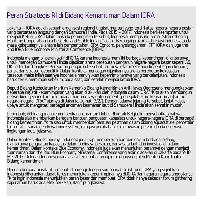 bumn_idn's tweet image. Simak siaran pers @kemaritiman tentang  peran strategis Indonesia di bidang kemaritiman dalam #IORA2017