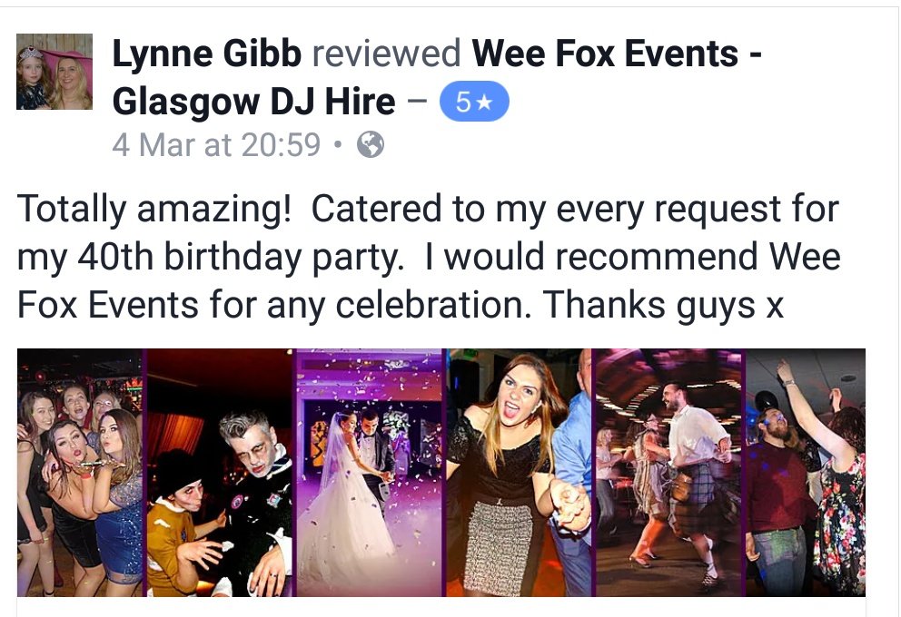 WeeFoxEvents's tweet photo. Another 5 star review for Wee Fox Events. #mobiledj #mobiledisco #Glasgow https://t.co/EpqMNe3KIE