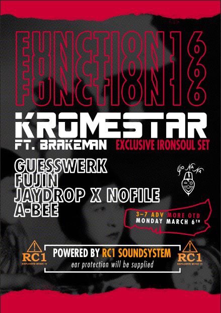 Tonight I'm playing for <a href="/function_16/">Function 16</a> at <a href="/Bathponana/">Bath Po Na Na</a> on an <a href="/rc1sound/">RC1 Sound System</a> 
Headlining is <a href="/Kromestar7/">KROMESTAR</a> 

Set time 1-2am