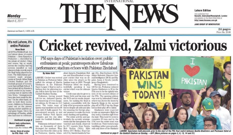 TheCricketSpot's tweet photo. Newspapers highlight what Pakistan achieved by holding #PSL02 Final in Lahore. Pakistan is the winner. Terror clean bowled. #PSLFinalLahore https://t.co/vY0FaR8tDp