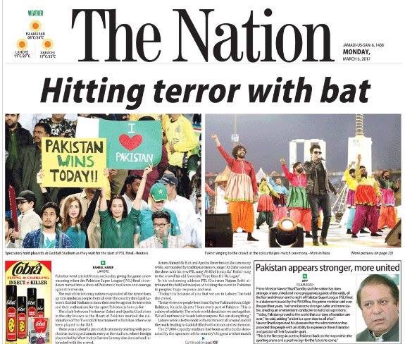 TheCricketSpot's tweet photo. Newspapers highlight what Pakistan achieved by holding #PSL02 Final in Lahore. Pakistan is the winner. Terror clean bowled. #PSLFinalLahore https://t.co/vY0FaR8tDp
