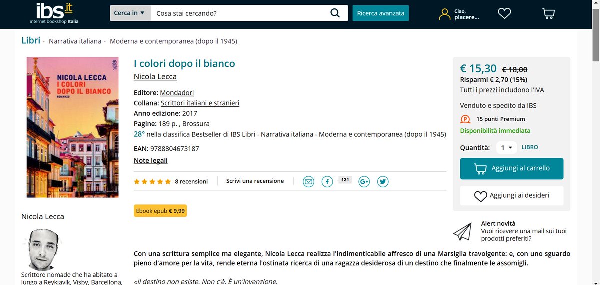 Ha 40 giorni di vita, pesa 366 grammi ed è fra i 30 romanzi di narrativa più venduti online su @IBS_it 
#icoloridopoilbianco
<a href="/giovanni_dutto/">Giovanni Dutto</a>