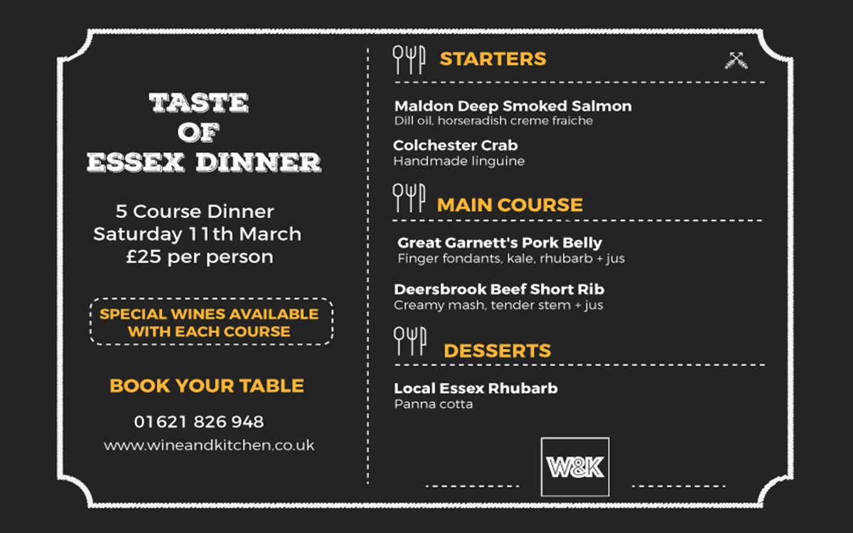 wine_kitchen's tweet photo. This Saturday 11th March we host Taste Of Essex Dinner, 5 courses from farm to fork at £25/head 

Book Here 👇🏻👇🏻  
https://t.co/9slcV41Aou https://t.co/bWan8TmUey