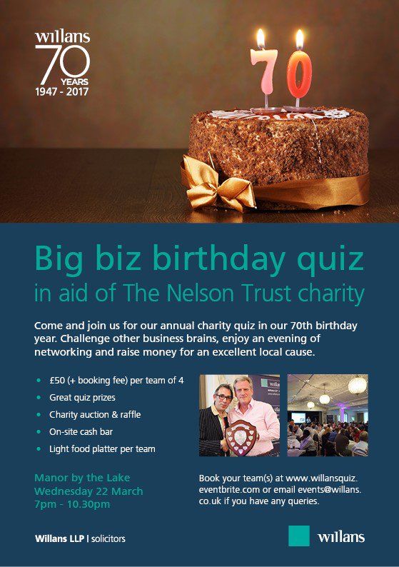 HelpNelsonTrust's tweet image. Have you booked your team in yet for the Big Biz Birthday Quiz? @WillansLLP @TheNelsonTrust eventbrite.com/e/willans-big-…