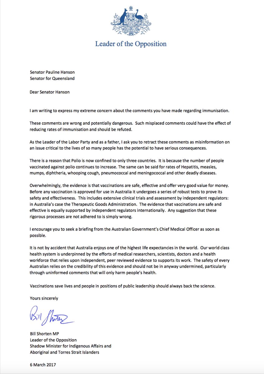 billshortenvcuc's tweet photo. I wrote to Pauline Hanson asking her to get briefed on vaccines by the Chief Medical Officer before spreading dangerous misinformation. https://t.co/bgq7SzQzuw