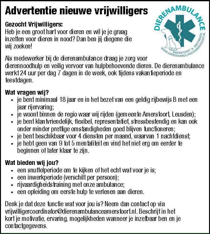 Wij zijn op zoek naar vrijwilligers! #Hulpaandieren #Dierenambulance #Amersfoort #Leusden #Vrijwilligers <a href="/indebuurt033/">Indebuurt033</a>