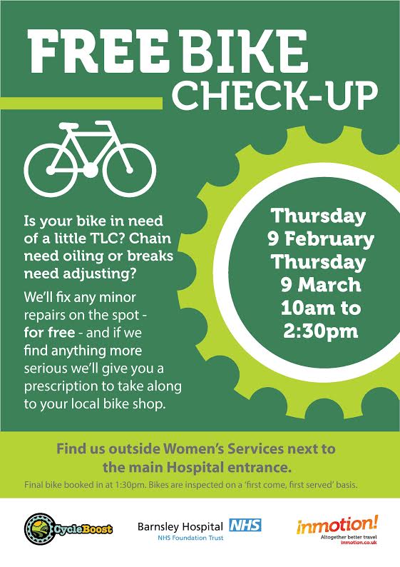 #FREE BIKE CHECKS at Barnsley Hospital Dr Bike on 9th March 10am-2:30pm. Free safety check and free minor repairs to any bike <a href="/barnshospital/">Barnsley Hospital</a>