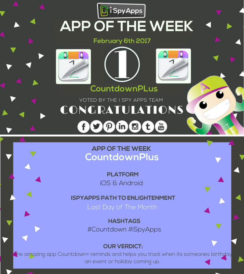 iSpyAppsGames's tweet photo. Congratulations, @countdownplus , for being nominated #APP OF THE WEEK! Download now and count down the days to your next big event! #app https://t.co/M5zILjb6mm