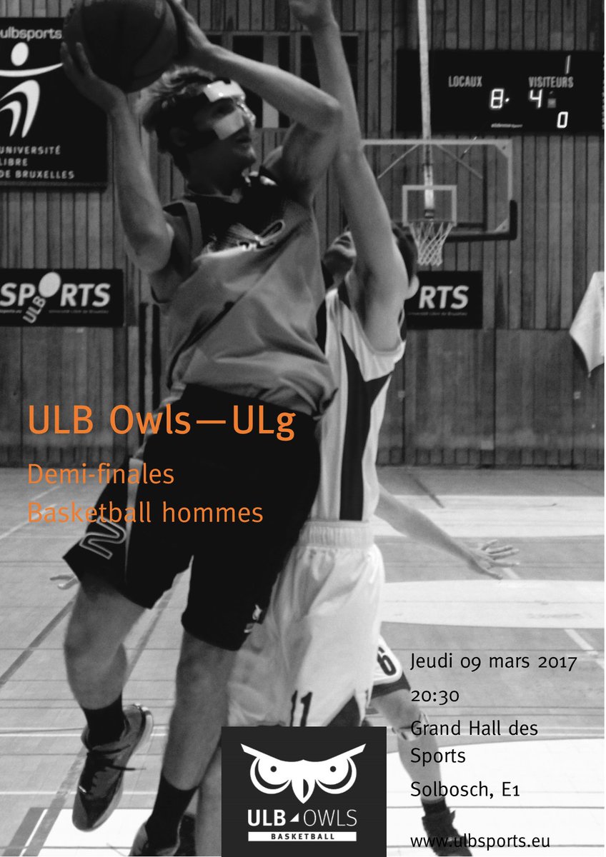Jeudi 09 mars, demi-finale basket messieurs contre l'ULg! Grand hall des sports du <a href="/SolboschULB/">SolboschULB</a>, venez nombreux !