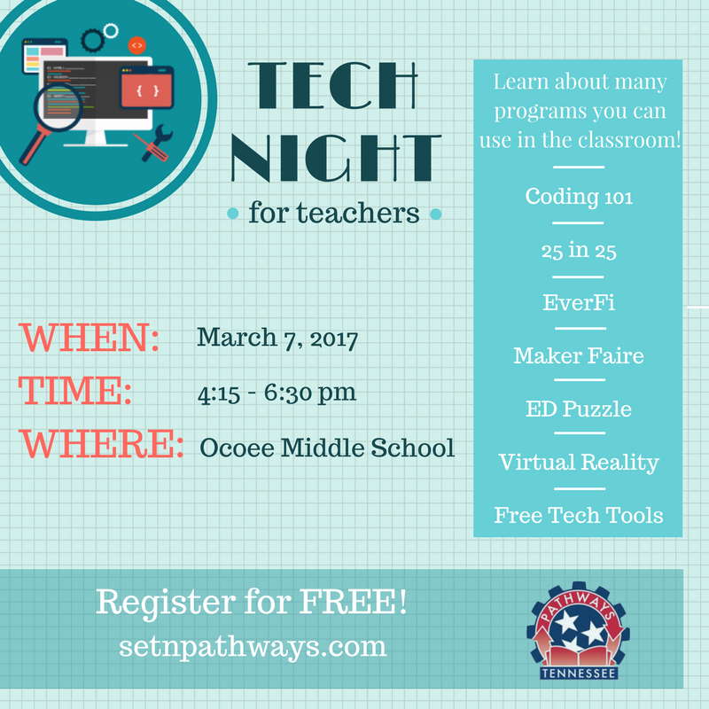 SETNPathways's tweet photo. LAST DAY TO REGISTER!! Come out and join us for Tech Night tomorrow night!#technight #CTE #SETNPathways @OcoeeMiddle1 @BradleySchools https://t.co/Rwk2zd6MvI