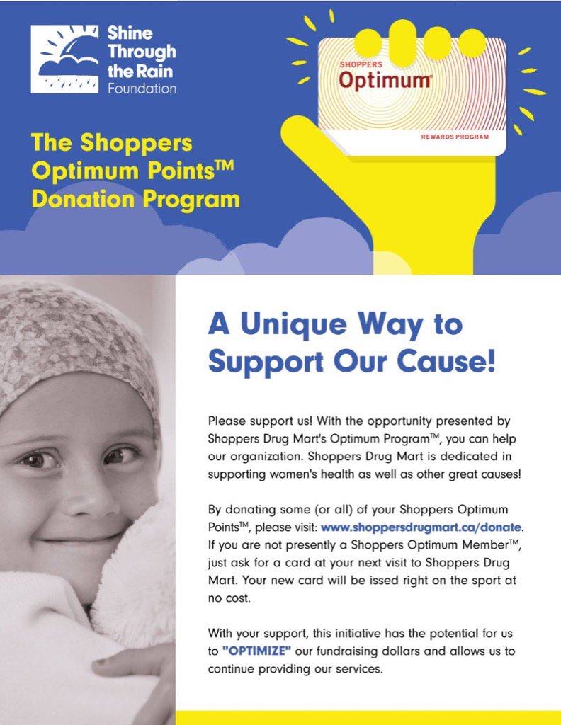 LocaLynxDR's tweet photo. Think of @ShineThroughTRF and donate your SDM Optimum points to them! #cancerawareness #durhamregion #charity https://t.co/W9Sw0ALGFa