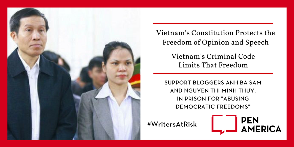PENamerica's tweet photo. Bloggers in prison in #Vietnam for "a one-sided and pessimistic view" #AnhBaSam #NguyenThiMinhThuy #writersatrisk https://t.co/3ksTBxw5OJ https://t.co/AOzvRBaVAq