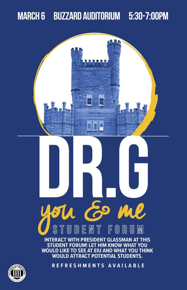 eiu's tweet photo. Don’t miss it! Tonight’s the night for the Dr. G, You and Me Student Forum! You provide the feedback and we will provide the pizza!🍕💙 https://t.co/HHLVHuOCb4