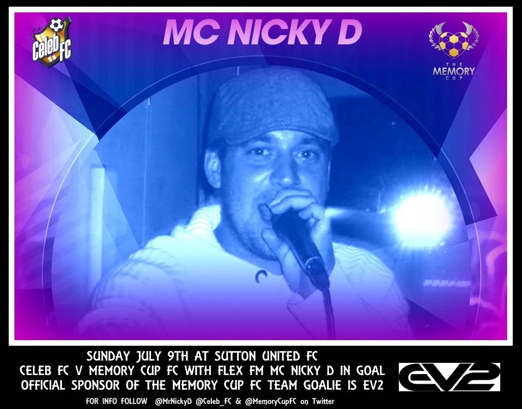The #MemoryCup All stars Goalie <a href="/FLEXFMUK/">FLEXFMUK</a> #DJ <a href="/MRNICKYD/">NickyD</a> is officially sponsored by @EV2Sportswear He's gonna look AMAZEBALLS!
BE THERE! ⚽️😍