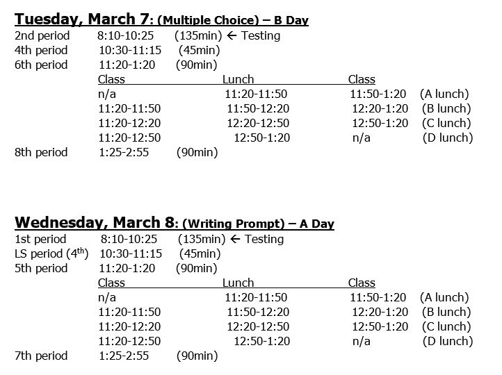 Chantilly_HS's tweet photo. Be sure to pay attention to our adjusted bell schedule for Tues &amp; Wed for Eng11 SOLs!  If you're testing, bring a charged laptop and cord! https://t.co/TJUVzRxUmb