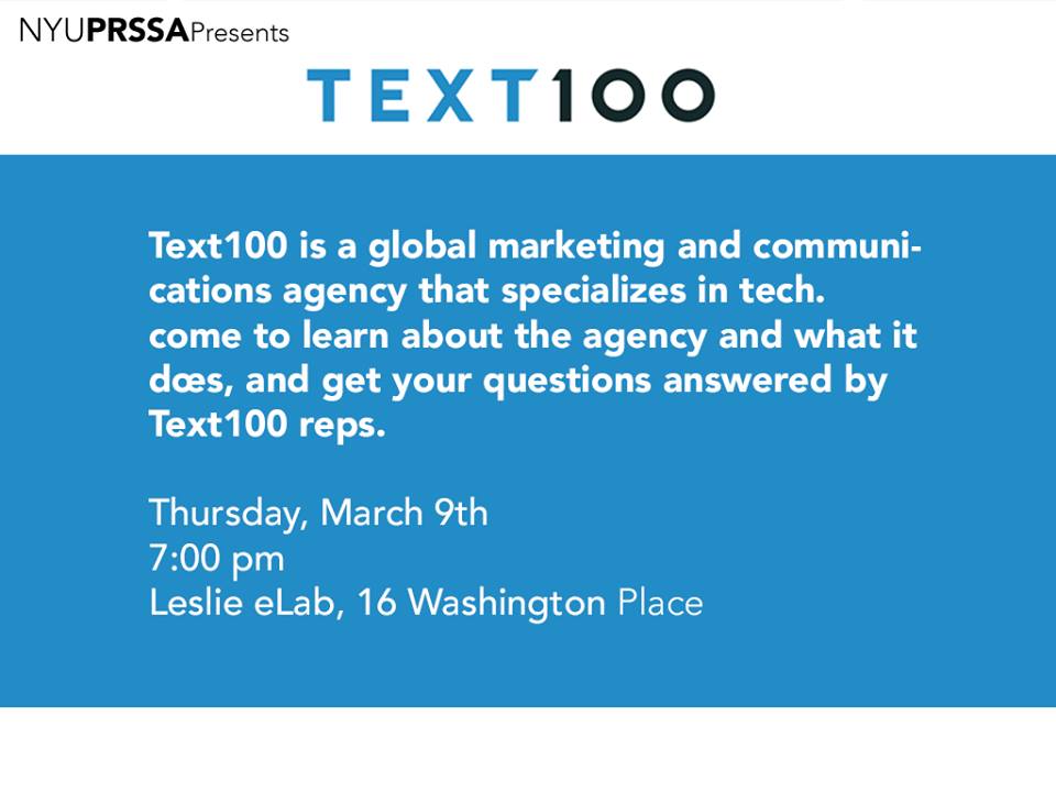 NYUPRSSA's tweet photo. Join us for our Text100 event.  We will be learning more about global marketing and communications. https://t.co/edDblipAgW