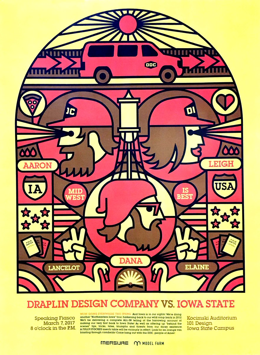 Don't forget tomorrow: 
Drain Design Company VS Iowa State
8:00pm/ Kocimski Auditorium
design.iastate.edu…/…/02/aaron-draplin-lecture/…