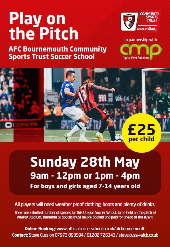 SOCCER SCHOOLS - Play on the Pitch event at <a href="/afcbournemouth/">AFC Bournemouth 🍒</a> this May! ow.ly/r530309CLhC <a href="/PLCommunities/">Premier League Communities</a> @CMPprint <a href="/AFCBusiness/">AFC Business</a>