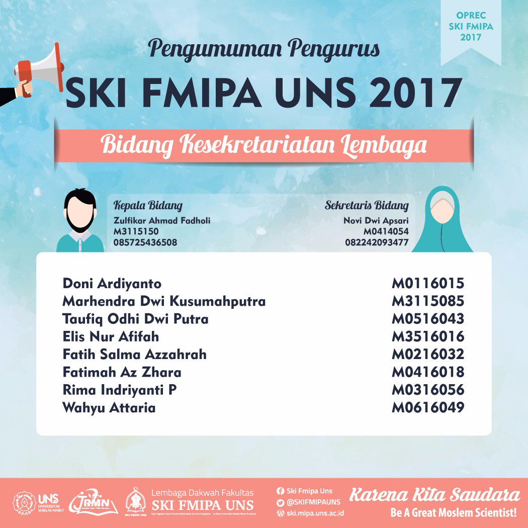 SKIFMIPAUNS's tweet photo. ⚜ Barakallah wa Innalillah ⚜
Kepada antum/nna yang telah terpilih menjadi pengurus SKI FMIPA UNS 2017.
(1/3)
#SKIFMIPAUNS
#KarenaKitaSaudara https://t.co/VP7fTBdtWx