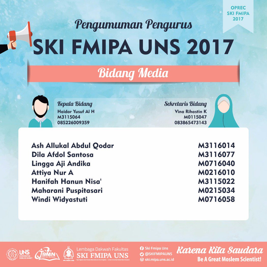 SKIFMIPAUNS's tweet photo. ⚜ Barakallah wa Innalillah ⚜
Kepada antum/nna yang telah terpilih menjadi pengurus SKI FMIPA UNS 2017.
(2/3)
#SKIFMIPAUNS
#KarenaKitaSaudara https://t.co/6sqs08ZQhm