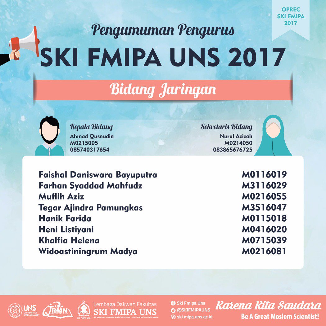 ⚜ Barakallah wa Innalillah ⚜
Kepada antum/nna yang telah terpilih menjadi pengurus SKI FMIPA UNS 2017.
(2/3)
#SKIFMIPAUNS
#KarenaKitaSaudara