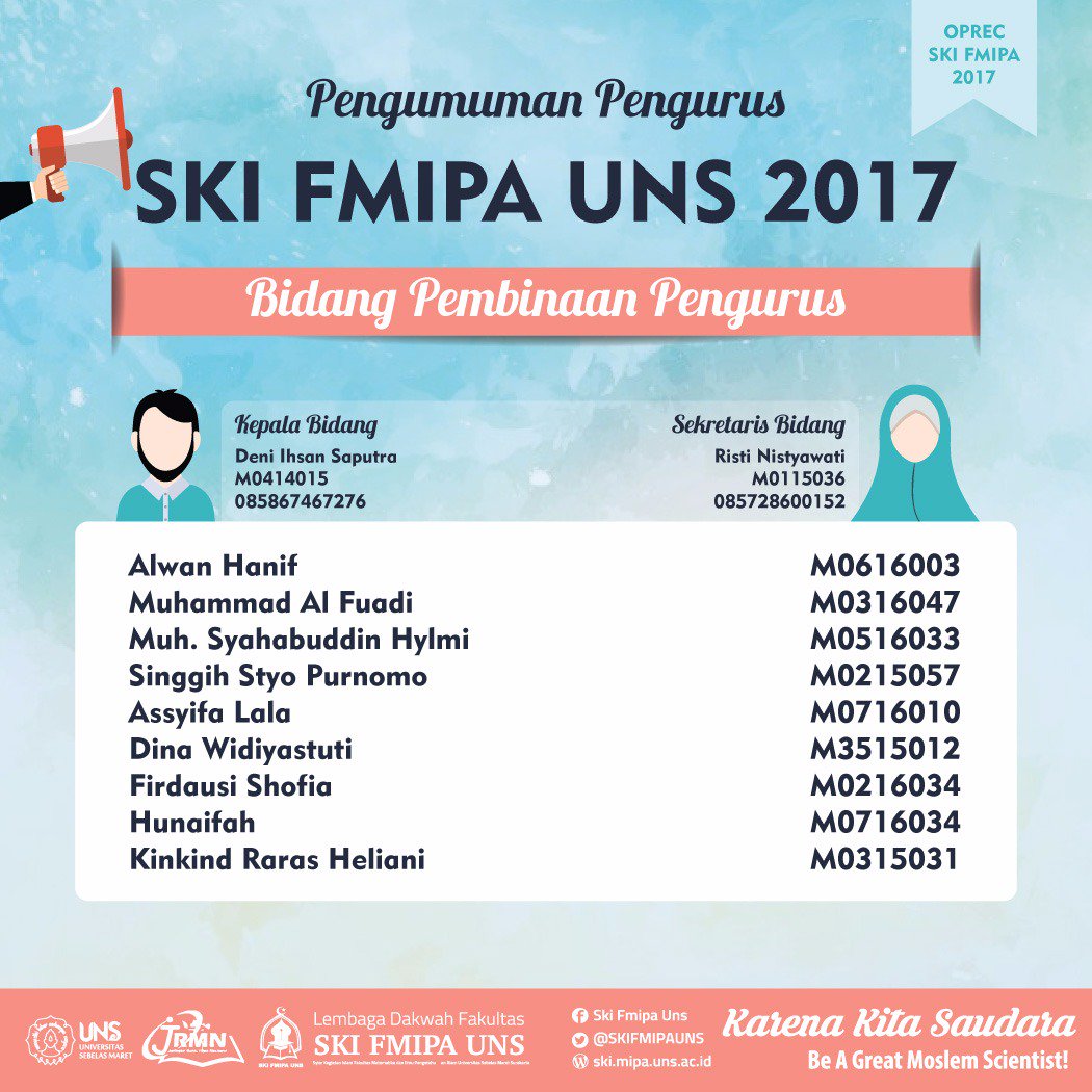 SKIFMIPAUNS's tweet photo. ⚜ Barakallah wa Innalillah ⚜
Kepada antum/nna yang telah terpilih menjadi pengurus SKI FMIPA UNS 2017.
(3/3)
#SKIFMIPAUNS
#KarenaKitaSaudara https://t.co/XafhUNfTsP