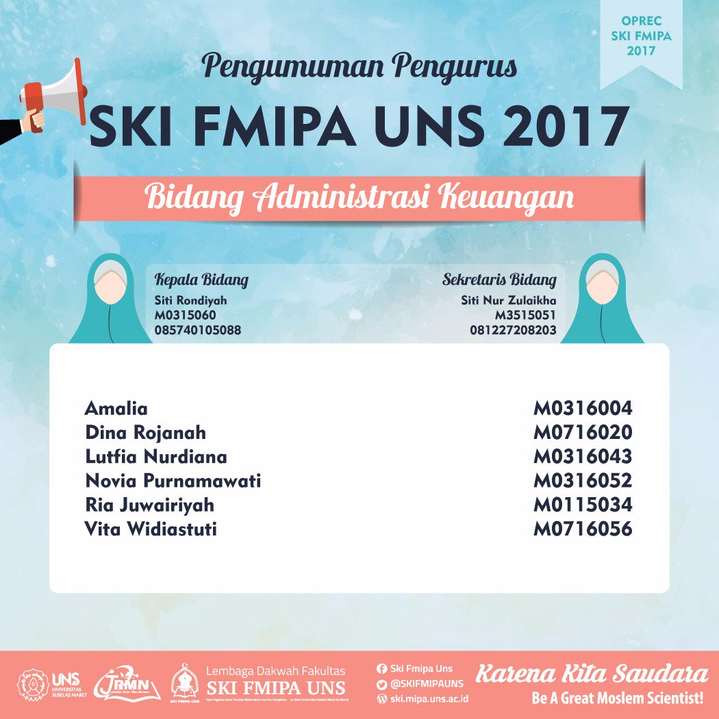 ⚜ Barakallah wa Innalillah ⚜
Kepada antum/nna yang telah terpilih menjadi pengurus SKI FMIPA UNS 2017.
(3/3)
#SKIFMIPAUNS
#KarenaKitaSaudara