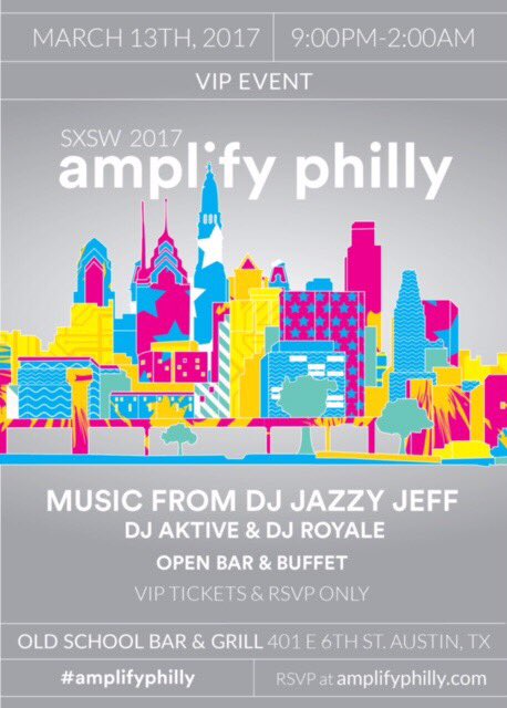 MissKrisSxSW's tweet photo. It's Monday! Follow + RT to win 2 VIP tickets to #AmplifyPhilly w the legendary DJ JAZZY JEFF (@djjazzyjeff215)! Free food &amp; drink! 
#sxwin https://t.co/POVWzC2LU1