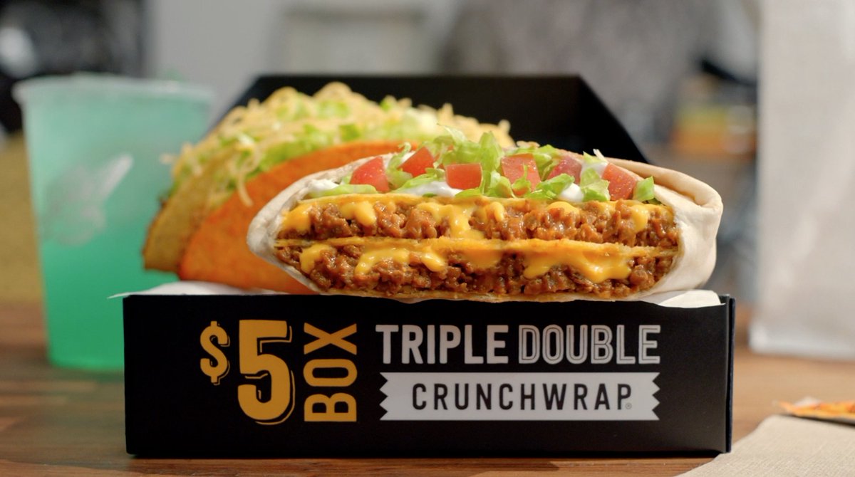 bobbybonesshow's tweet photo. #ad Did someone say Triple Double Crunchwrap? Don’t tell Ray because he’ll be running to @tacobell after the show for it. #beefier #cheesier https://t.co/zb37neIEEm