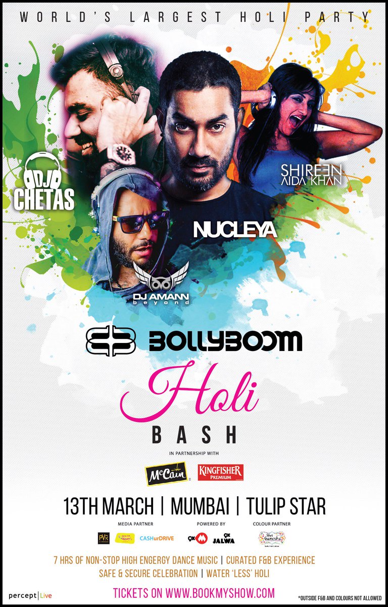 SunburnFestival's tweet photo. .@PerceptEMC brings you @BollyBoomIndia this #Holi (13 March) w/ @NUCLEYA + more. Tickets: https://t.co/EdMWKtgurR or call +91-9769900967 https://t.co/OUC8ebIruM