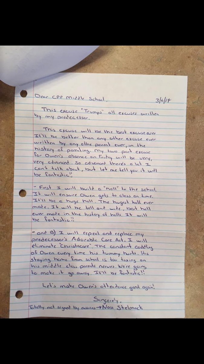 HannahStelmack's tweet photo. Every time my brother doesn't go to school my dad feels the need to write  some elaborate excuse for him https://t.co/M9IWv5Q0Tb