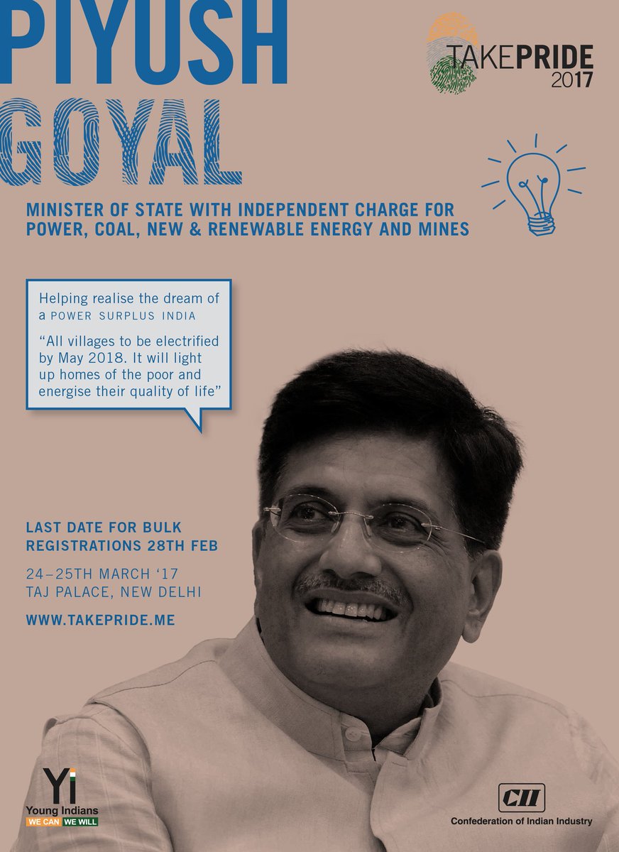 Come, Take Pride in Fueling India's growth with Shri. Piyush Goyal at Take Pride 2017. Register Now : bit.ly/2kOOHOt